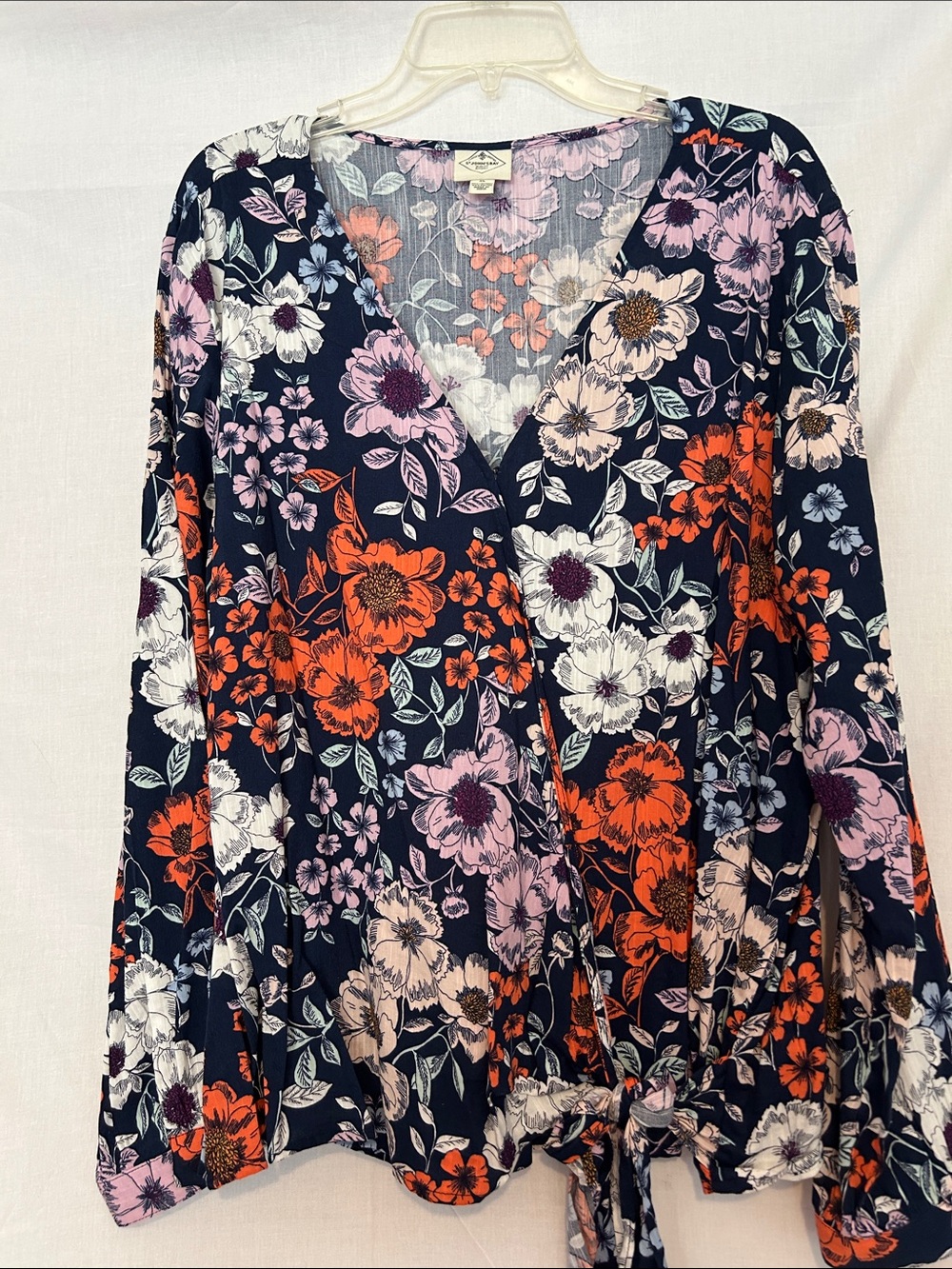 St. John's Bay Navy Floral Wrap Tie-Front Blouse